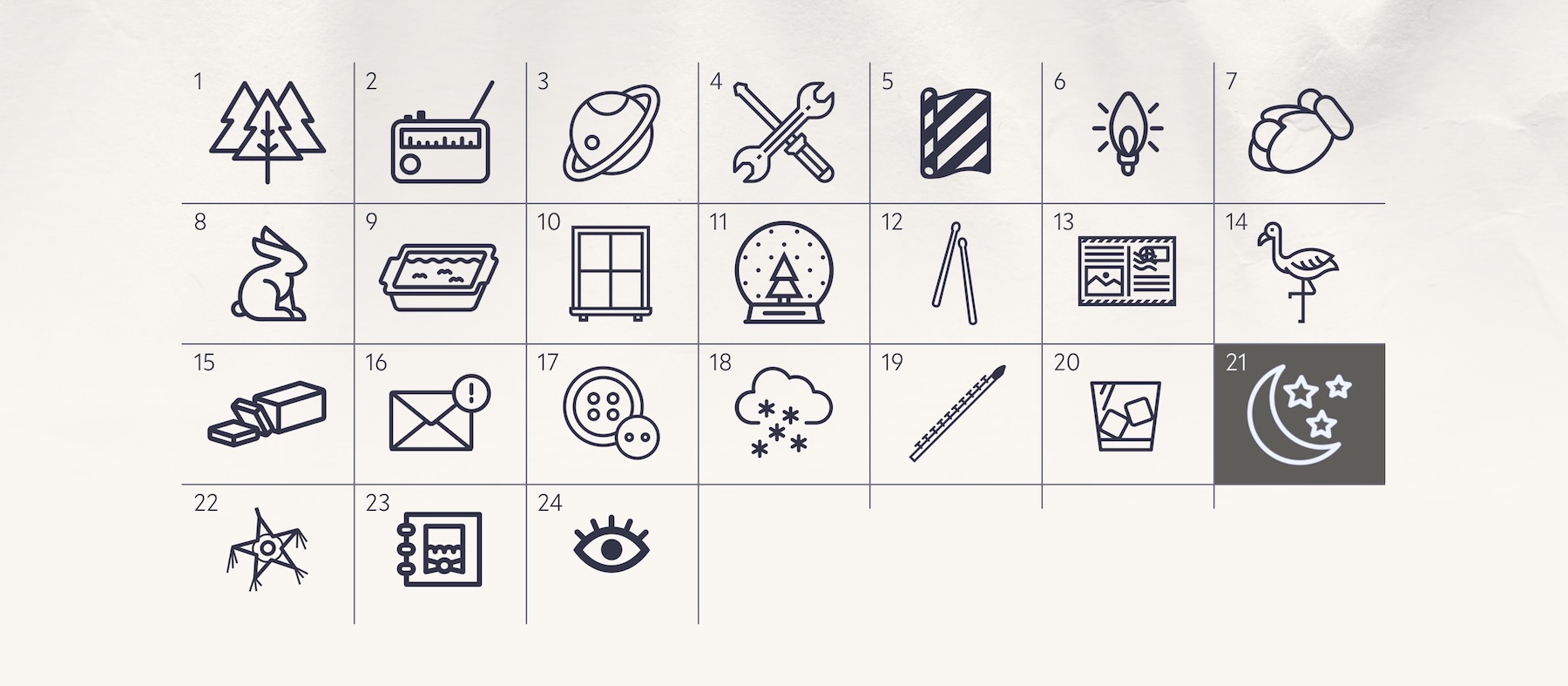 Screenshot of The Advent Project's 2021 calendar. Tiles representing December 1–24 are on a parchment-colored background. Each tile is represented by an ink-toned icon that obliquely hints at the day's contents.