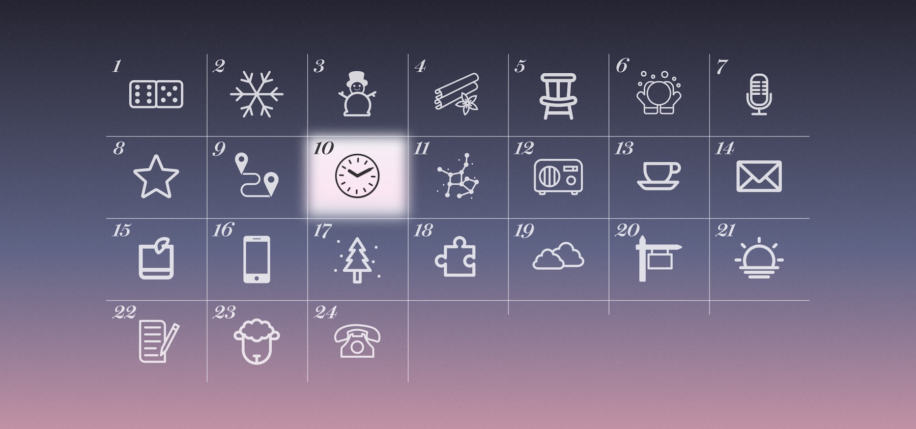 Screenshot of The Advent Project's 2022 calendar. Tiles representing December 1–24 are on an ombré background that goes from a dusky purple to a faint blush pink. Each tile is represented by a light-toned icon that obliquely hints at the day's contents.
