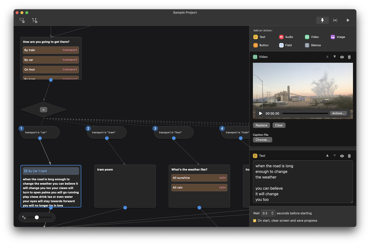 Screenshot of Choicelab, an app for making branching narratives. A flowchart is visible with several nodes, and a right-side panel that shows editable properties for the selected node.