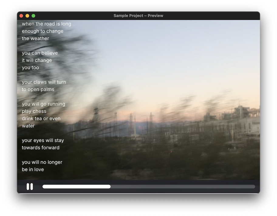 Screenshot of Choicelab's preview functionality. A video is playing showing a typical American highway landscape, with text overlaid that reads: "when the road is long/enough to change the weather/you can believe it will change you too/your claws will turn to open palms/you will go running/play chess/drink tea or even water/your eyes will stay towards forward/you will no longer be in love"