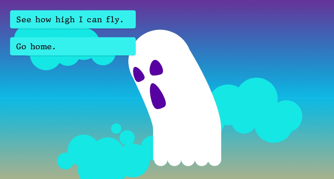 Screenshot of "It's December", a branching audio narrative. A colorful vector illustration of a ghost hovers forlornly onscreen; two choice buttons are overlaid on the visual, offering the choice of "See how high I can fly" or "Go home".
