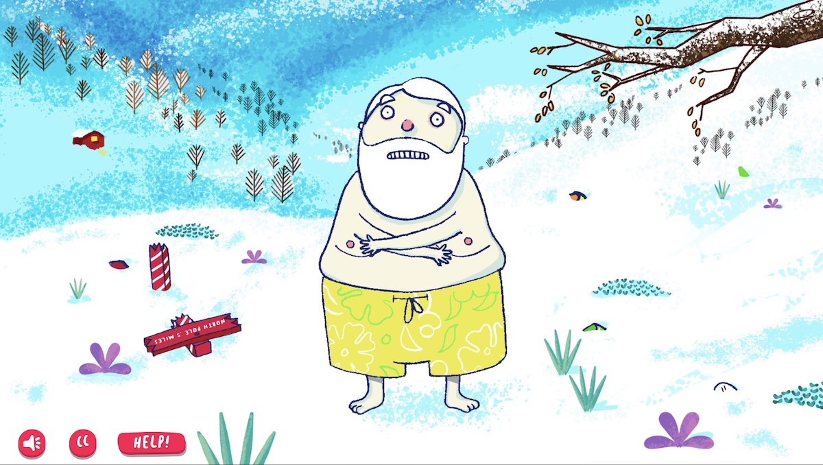 Screenshot of "Ho Ho Hiatus", a puzzle game. An illustrated Santa is standing in the cold, with only beach shorts on. He is freezing, indicatively hoping to find the rest of his outfit soon.