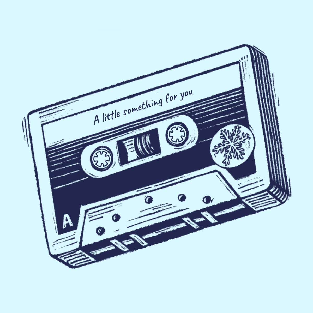 A monochromatic illustration of a mixtape against a light blue background.
