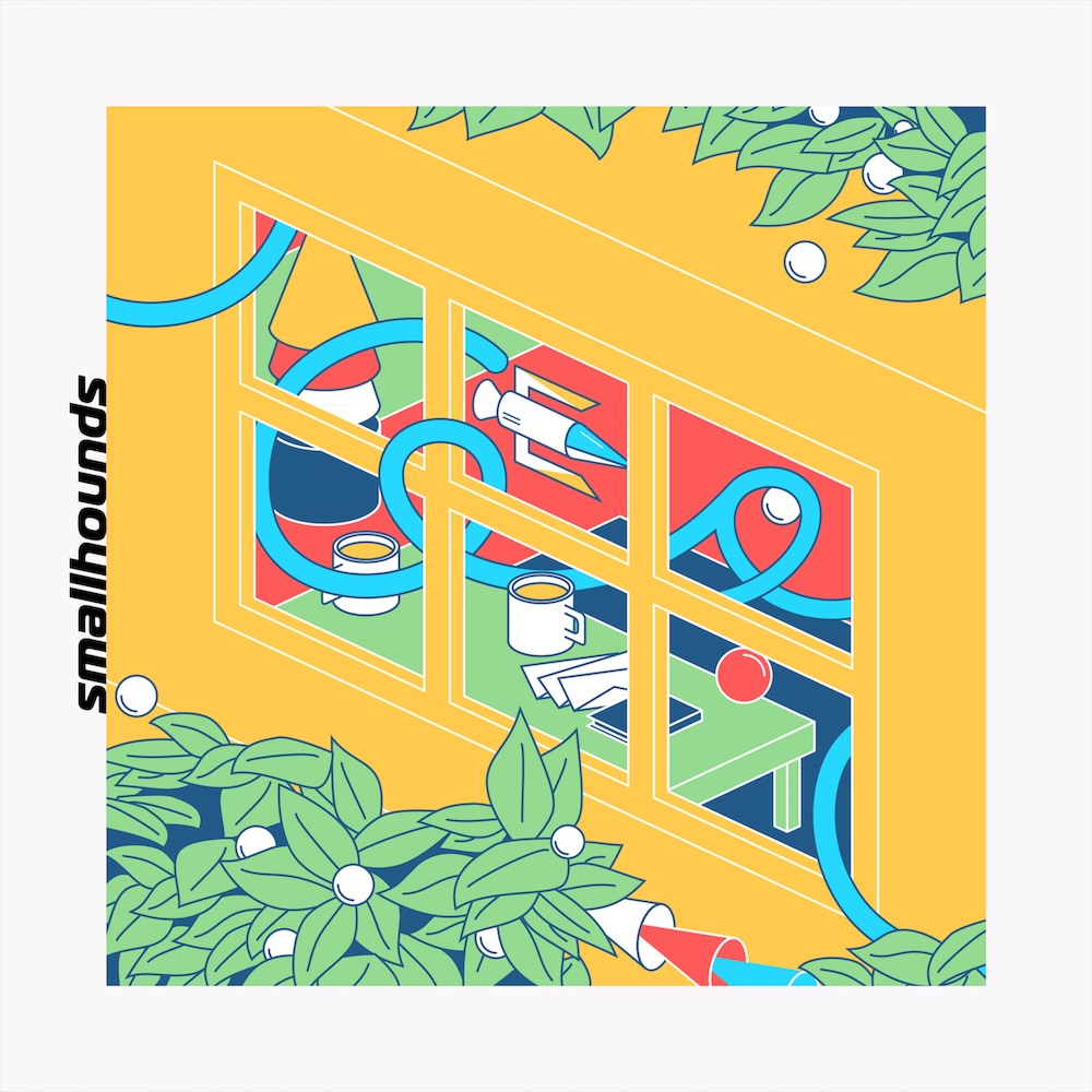 The album artwork for Roll On, by Smallhounds. A vector drawing (from an isomorphic perspective) illustrates a window of a bright yellow house—into which looks a red floor, a blue rug, and a green table with some household items on it. Also, there's a small rocket inside the house. Meanwhile, A blue tube interweaves, vine-like, through the window panes. Outside the window is a mint-green bush with white berries. Blue, white, and red cones break up the leaves.