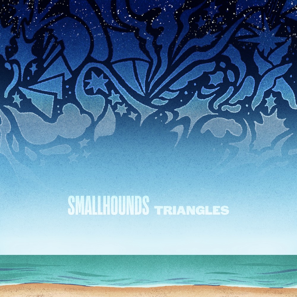 The album artwork for Triangles, by Smallhounds. It illustrates a lakefront, with a small amount of beach visible—as if you were standing and looking out from this angle. As the lake hits the horizon, it reveals a number of abstract shapes that rise upward, fading into a night sky.